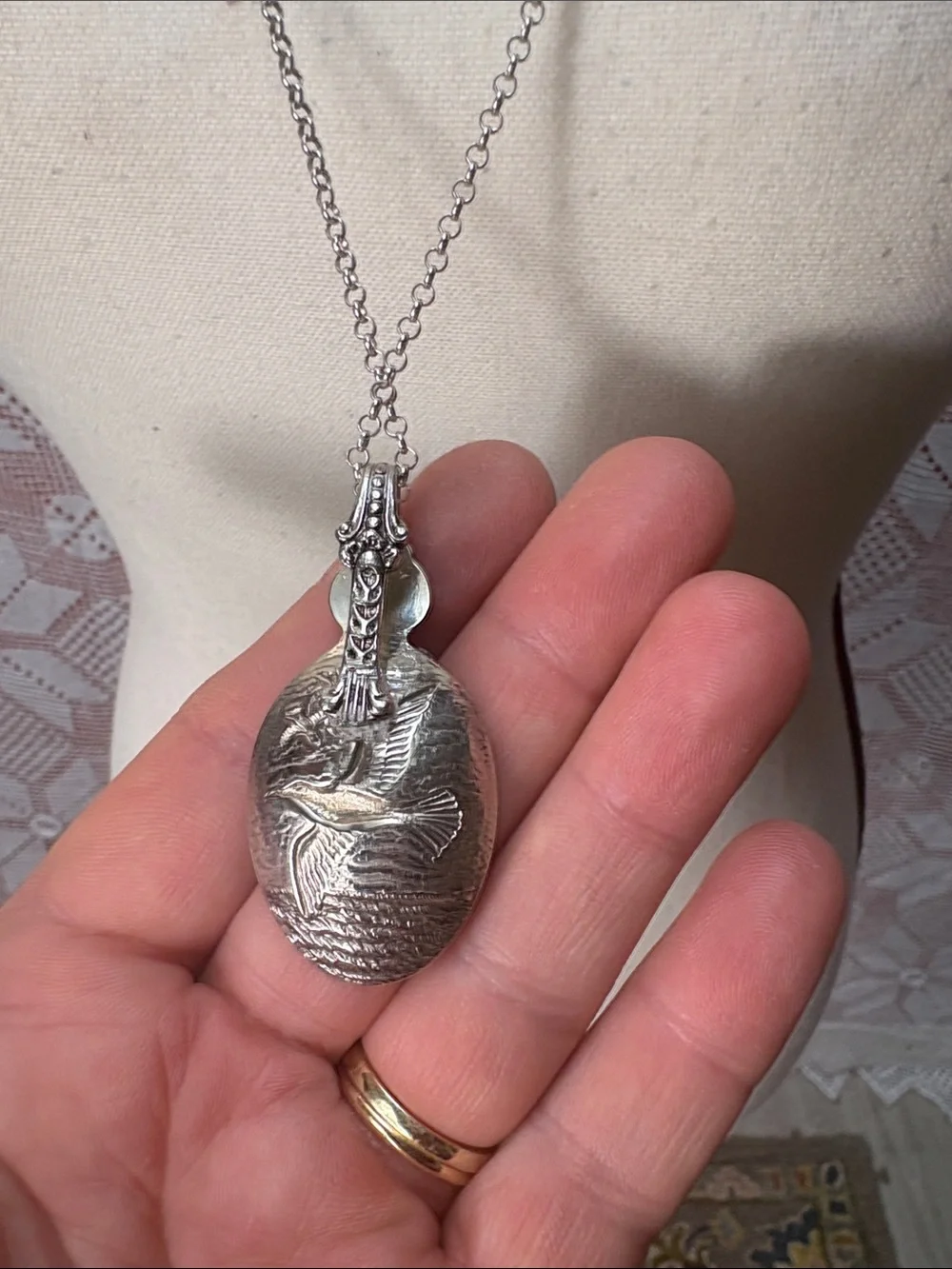 Handcrafted Spoon Pendant Necklace Sterling Silver Chain Seagull Motif - Picture 5 of 6